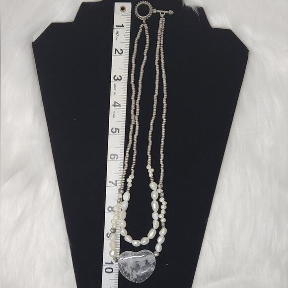 Vintage Pearl & Pyrite Bead Necklace | Heart Pendant Statement Jewelry - Picture 6 of 8